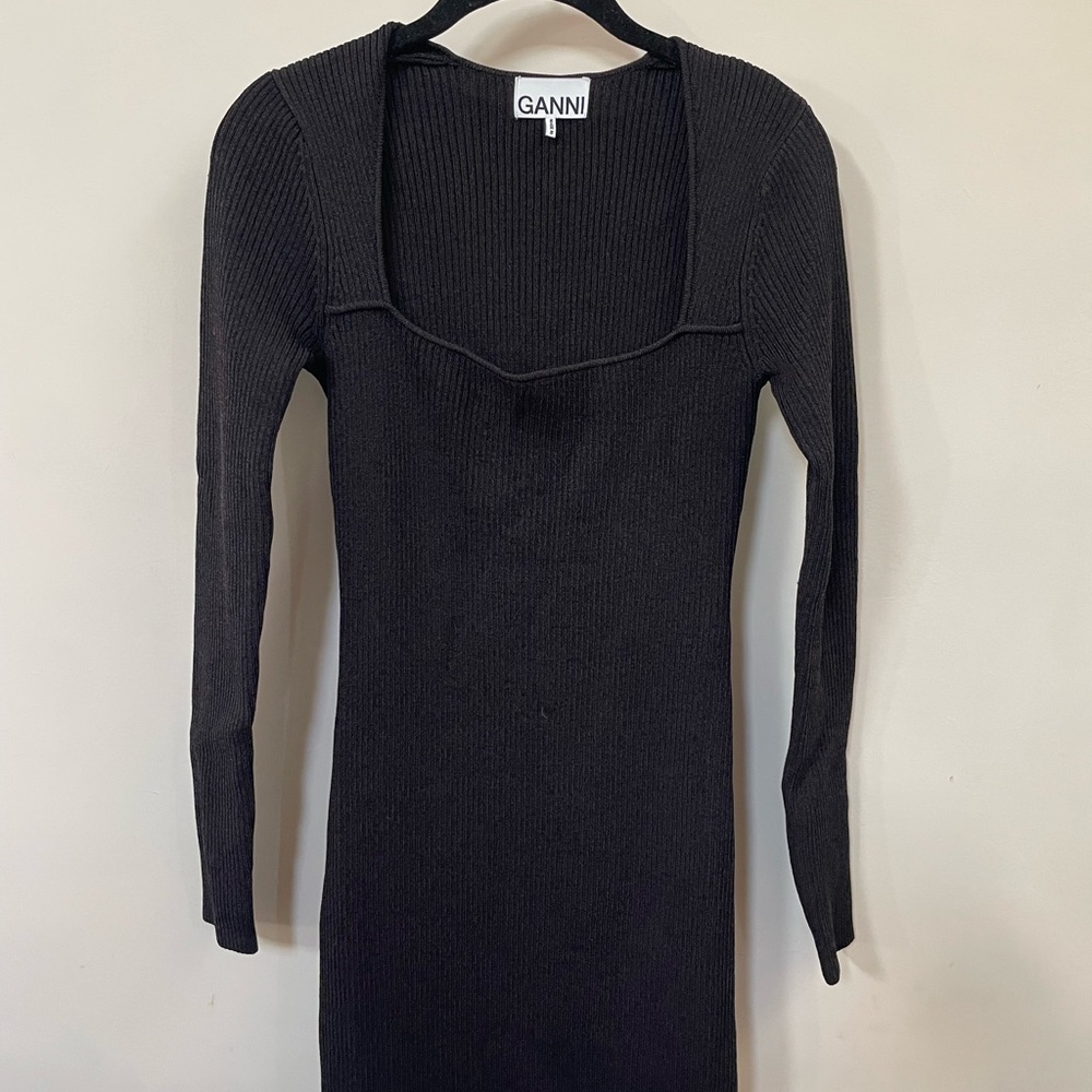 Ganni Black Ribbed Bodycon Dress with Square Neck